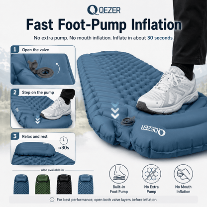QEZER Ultralight Inflatable Sleeping Pad with Pillow for Camping Backpacking
