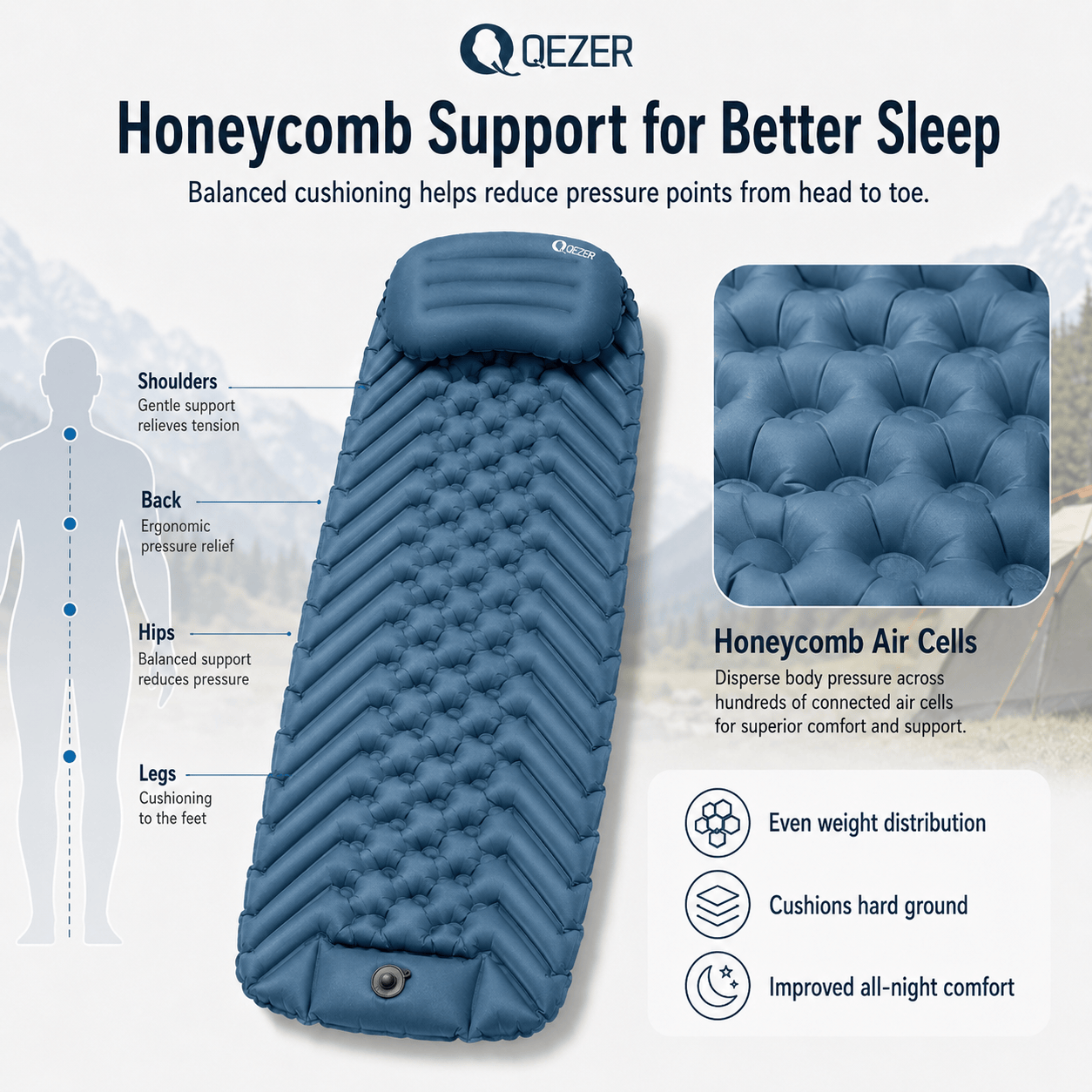 QEZER Ultralight Inflatable Sleeping Pad with Pillow for Camping Backpacking