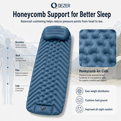 QEZER Ultralight Inflatable Sleeping Pad with Pillow for Camping Backpacking