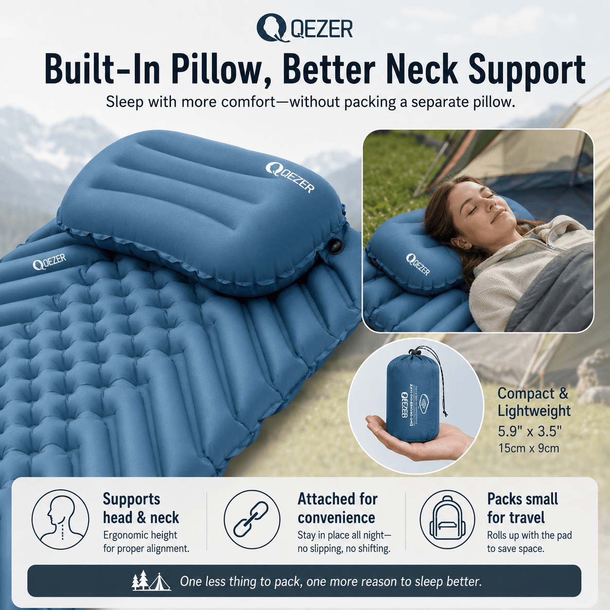 QEZER Ultralight Inflatable Sleeping Pad with Pillow for Camping Backpacking
