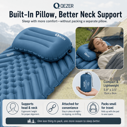 QEZER Ultralight Inflatable Sleeping Pad with Pillow for Camping Backpacking
