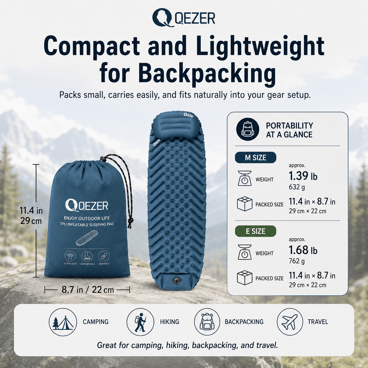 QEZER Ultralight Inflatable Sleeping Pad with Pillow for Camping Backpacking
