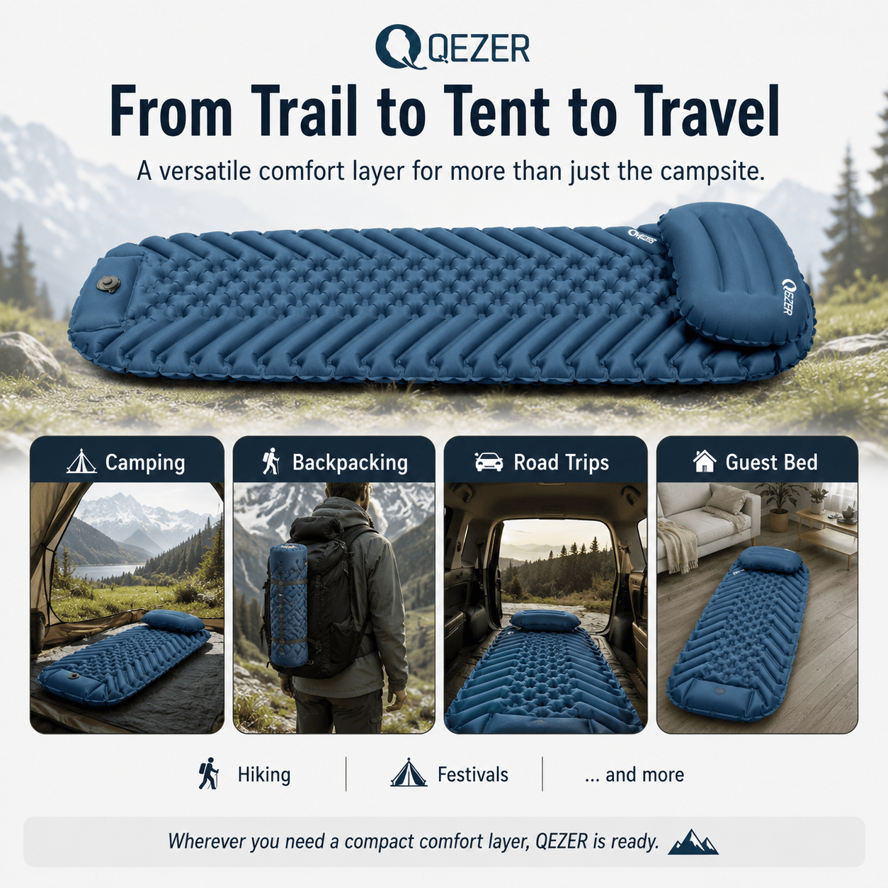QEZER Ultralight Inflatable Sleeping Pad with Pillow for Camping Backpacking
