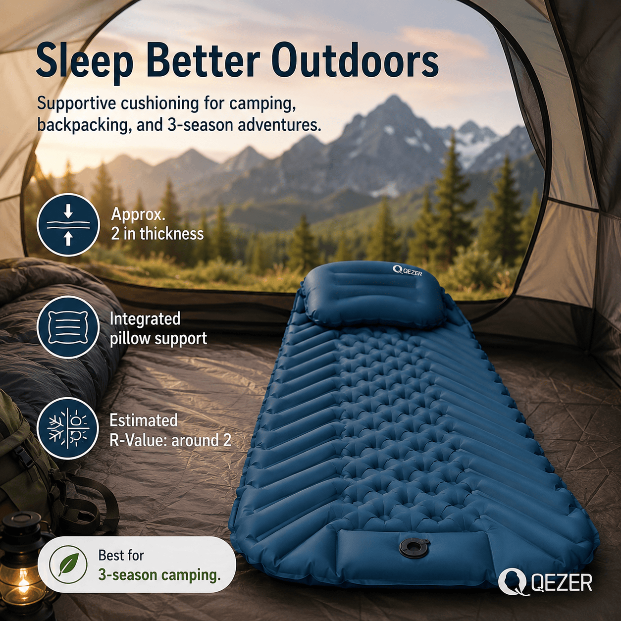 QEZER Ultralight Inflatable Sleeping Pad with Pillow for Camping Backpacking