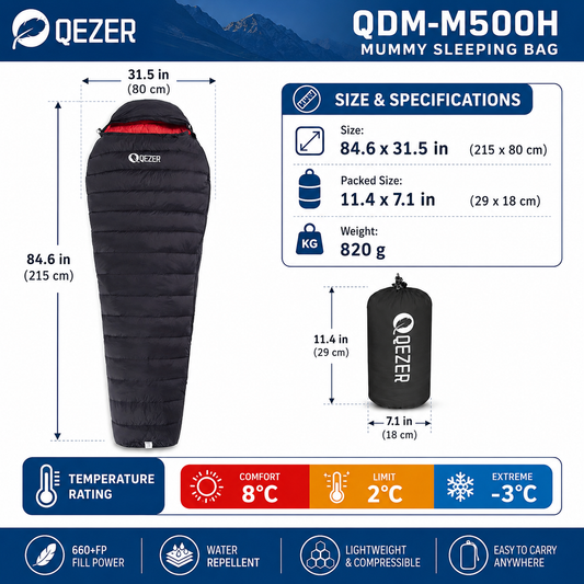 QEZER QDM-M500H Ultralight Mummy Down Sleeping Bag | 500g Duck Down Backpacking Sleeping Bag