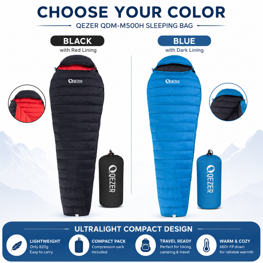 QEZER QDM-M500H Ultralight Mummy Down Sleeping Bag | 500g Duck Down Backpacking Sleeping Bag