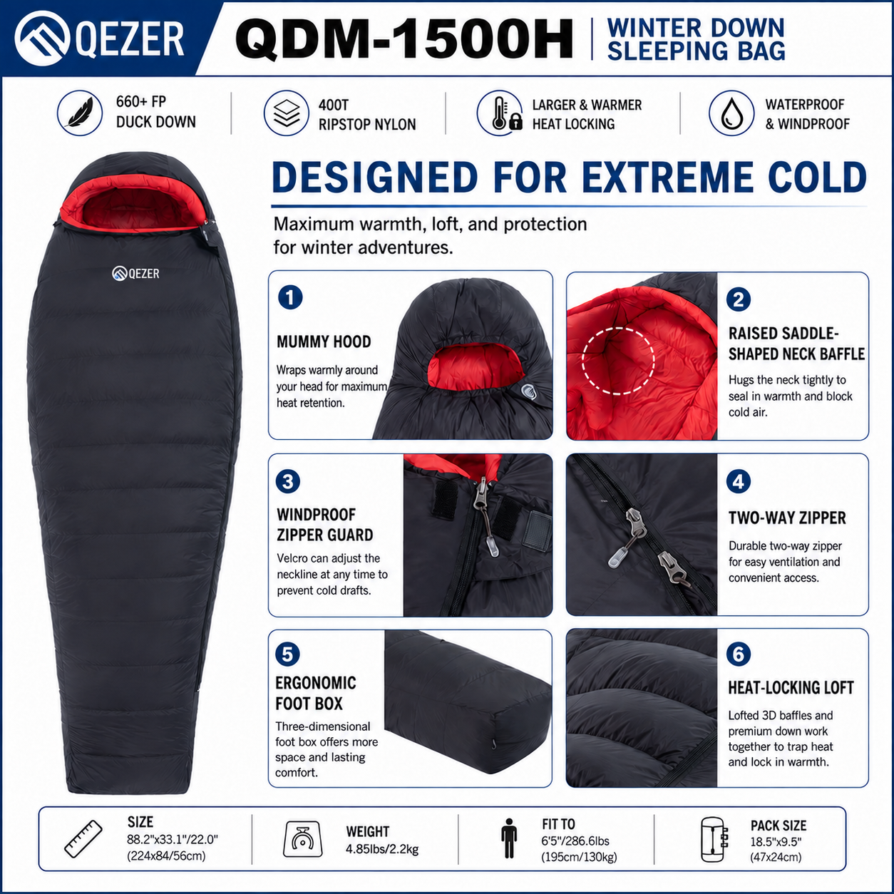 msmbadgerＨネックLCZ極暖RED起毛5ｘ3ｍｍSDオーダー料込 QEZER QDM-1500H Winter Down Sleeping Bag | 1500g Duck Down Cold