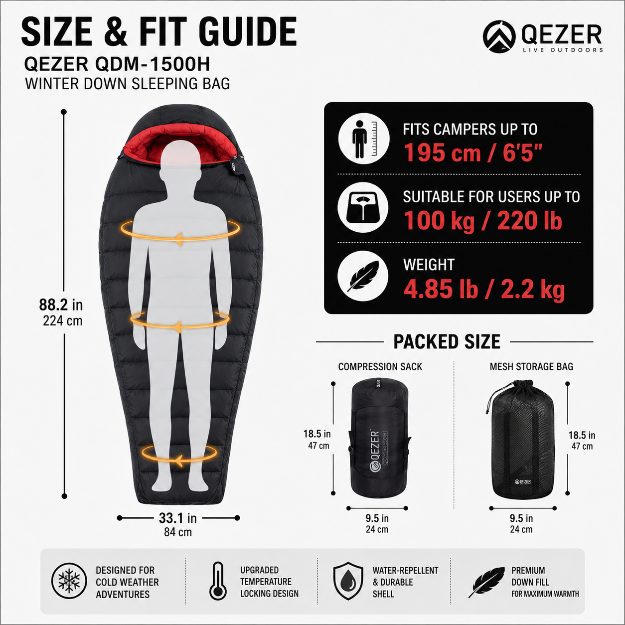 QEZER QDM-1500H Winter Down Sleeping Bag | 1500g Duck Down Cold