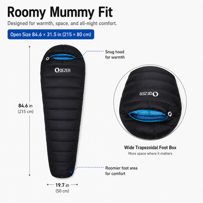 QEZER Mummy Down Sleeping Bag | Multi-Temperature Camping Backpacking Sleeping Bag