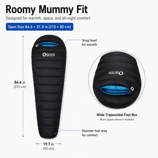 QEZER Mummy Down Sleeping Bag | Multi-Temperature Camping Backpacking Sleeping Bag