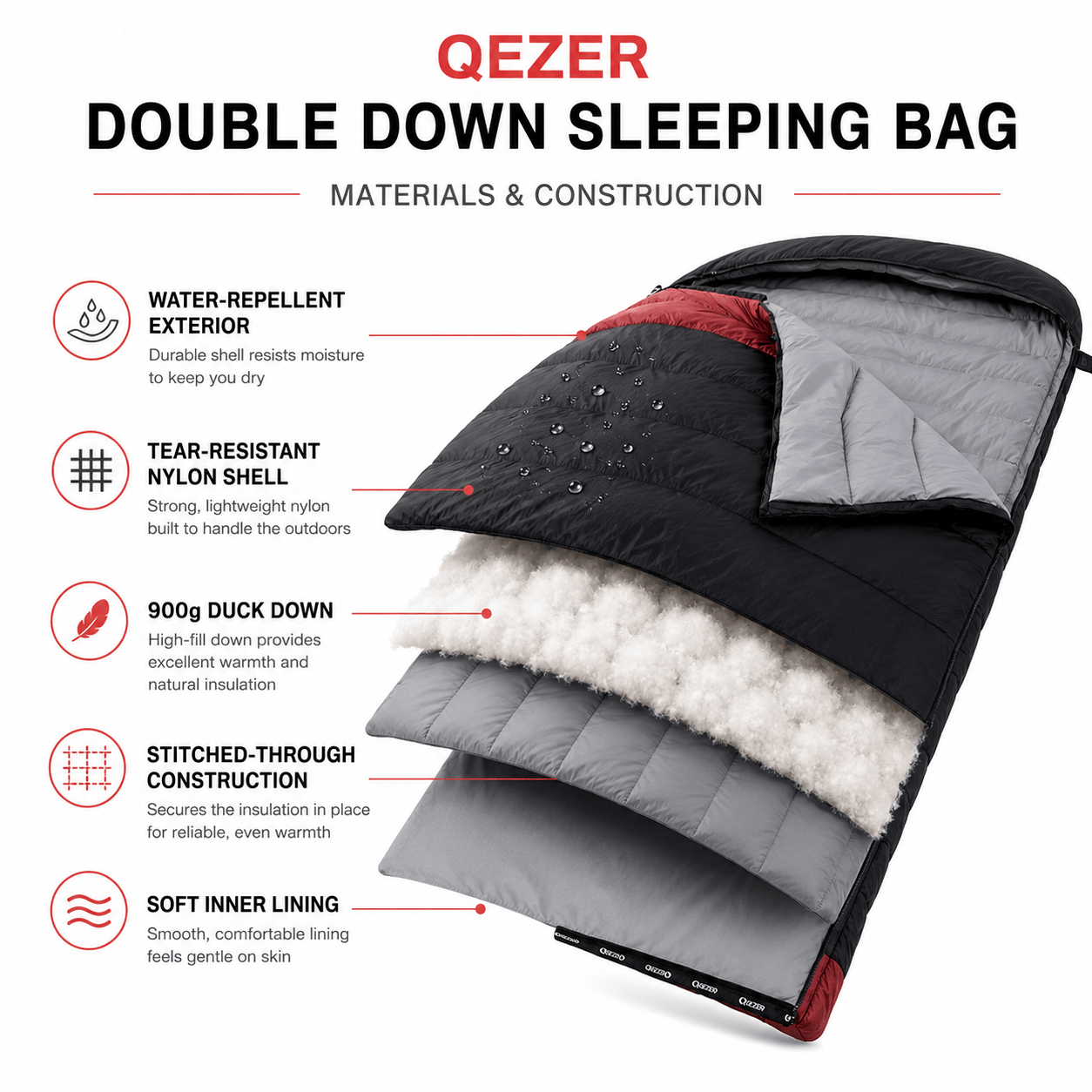 QEZER QDE-DB900 Double Down Sleeping Bag | 2-Person Duck Down Camping Sleeping Bag