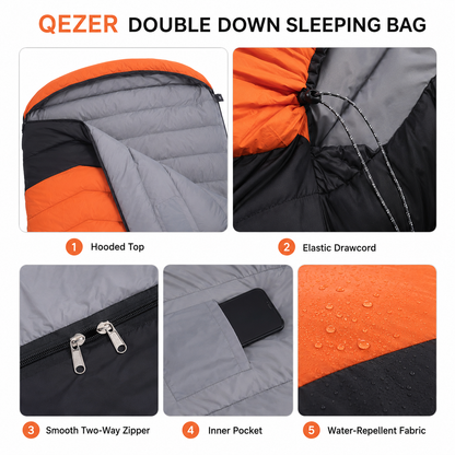 QEZER QDE-DB900 Double Down Sleeping Bag | 2-Person Duck Down Camping Sleeping Bag