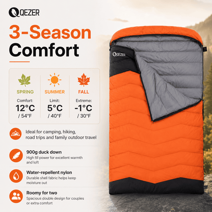 QEZER QDE-DB900 Double Down Sleeping Bag | 2-Person Duck Down Camping Sleeping Bag