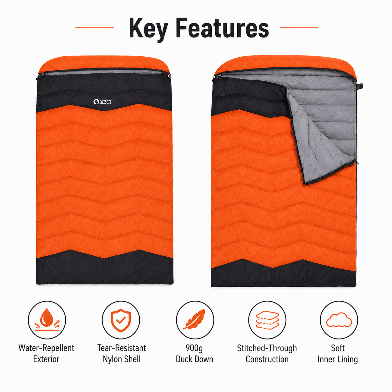 QEZER QDE-DB900 Double Down Sleeping Bag | 2-Person Duck Down Camping Sleeping Bag