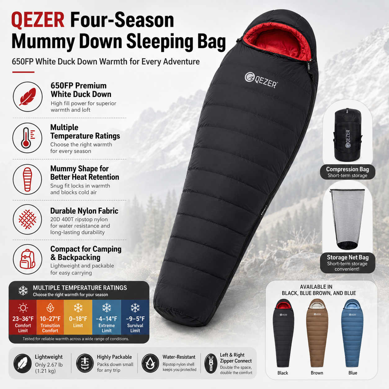 QEZER 650FP Four-Season Mummy Down Sleeping Bag for Camping, Hiking &amp; Backpacking