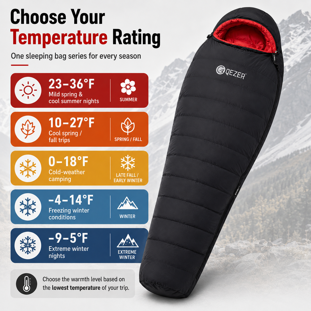 QEZER 650FP Four-Season Mummy Down Sleeping Bag for Camping, Hiking &amp; Backpacking