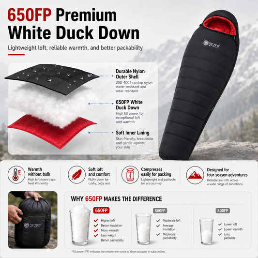 QEZER 650FP Four-Season Mummy Down Sleeping Bag for Camping, Hiking &amp; Backpacking