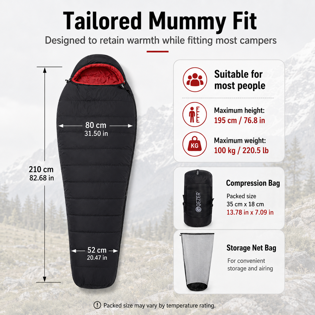 QEZER 650FP Four-Season Mummy Down Sleeping Bag for Camping, Hiking &amp; Backpacking
