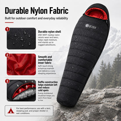 QEZER 650FP Four-Season Mummy Down Sleeping Bag for Camping, Hiking &amp; Backpacking