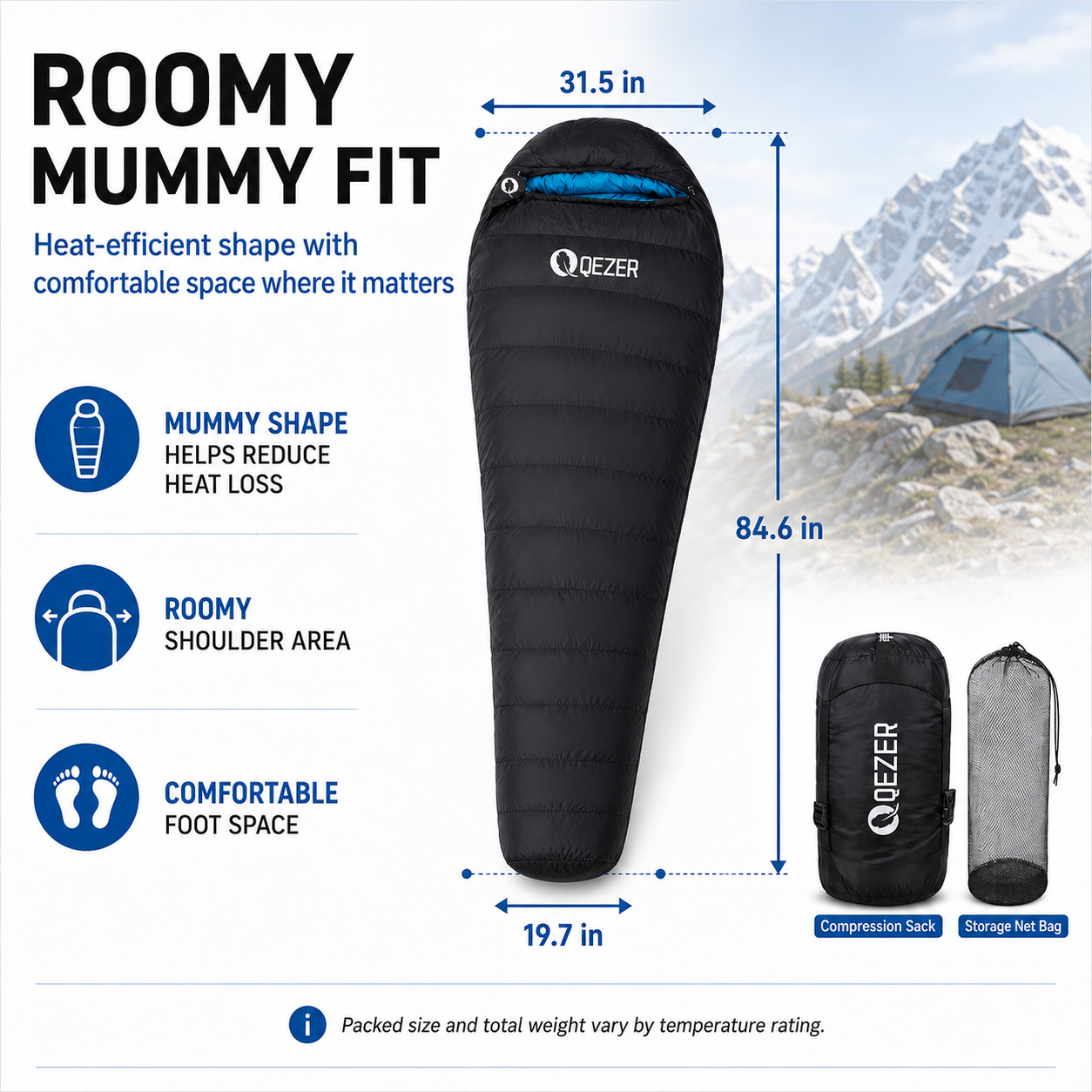 QEZER Mummy Down Sleeping Bag | Multi-Temperature Camping Backpacking Sleeping Bag