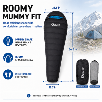 QEZER Mummy Down Sleeping Bag | Multi-Temperature Camping Backpacking Sleeping Bag
