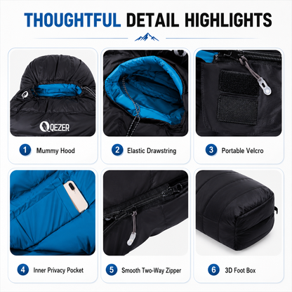 QEZER Mummy Down Sleeping Bag | Multi-Temperature Camping Backpacking Sleeping Bag