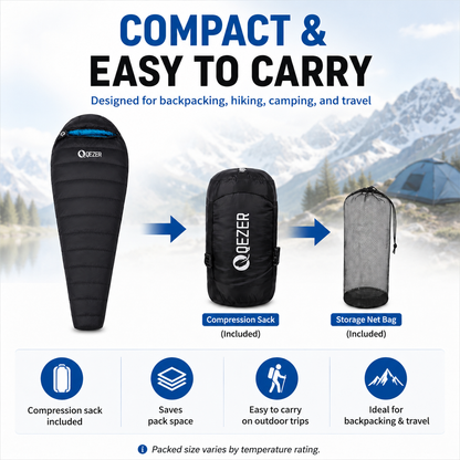 QEZER Mummy Down Sleeping Bag | Multi-Temperature Camping Backpacking Sleeping Bag