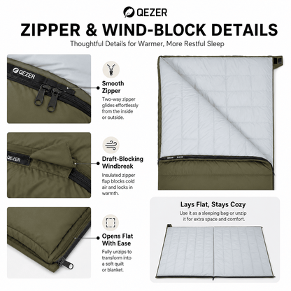 QEZER Rectangular Down Sleeping Bag | 2-in-1 Camping Sleeping Bag Camping Blanket
