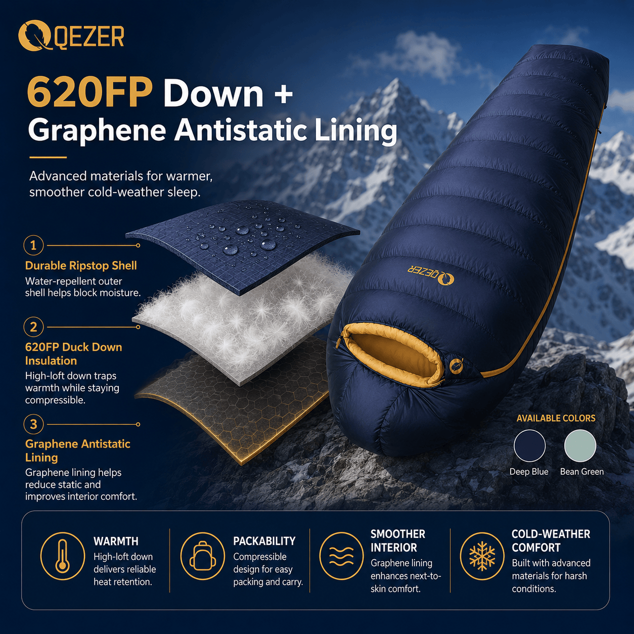 QEZER 620FP Graphene Antistatic Down Sleeping Bag for Winter Camping