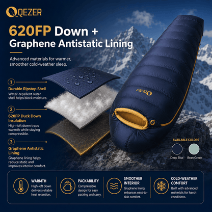 QEZER 620FP Graphene Antistatic Down Sleeping Bag for Winter Camping