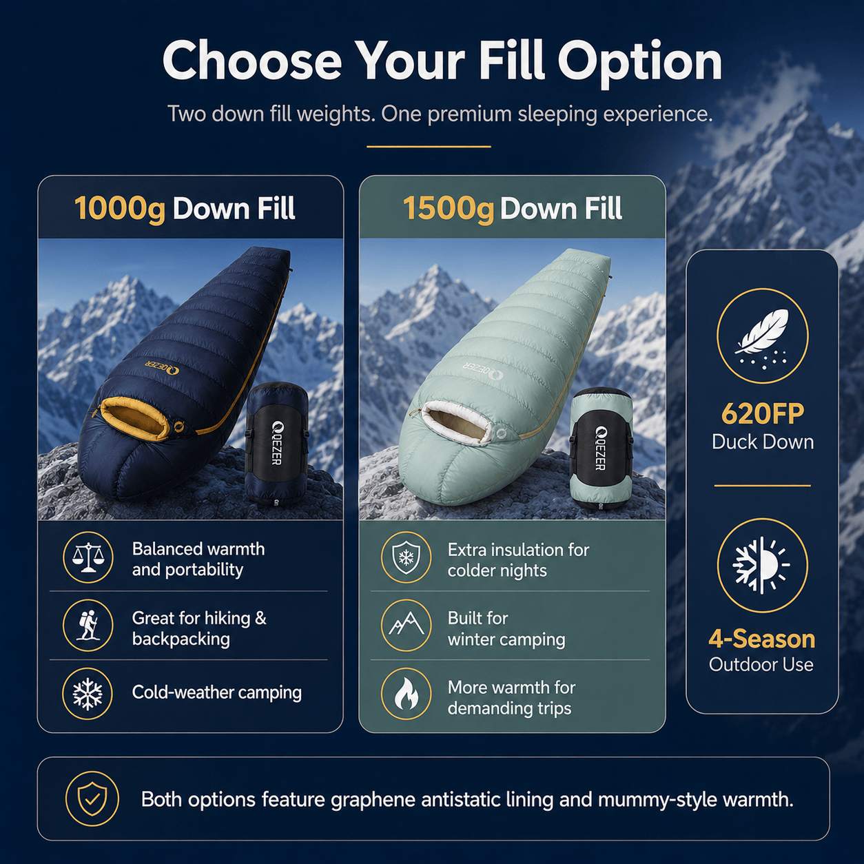 QEZER 620FP Graphene Antistatic Down Sleeping Bag for Winter Camping
