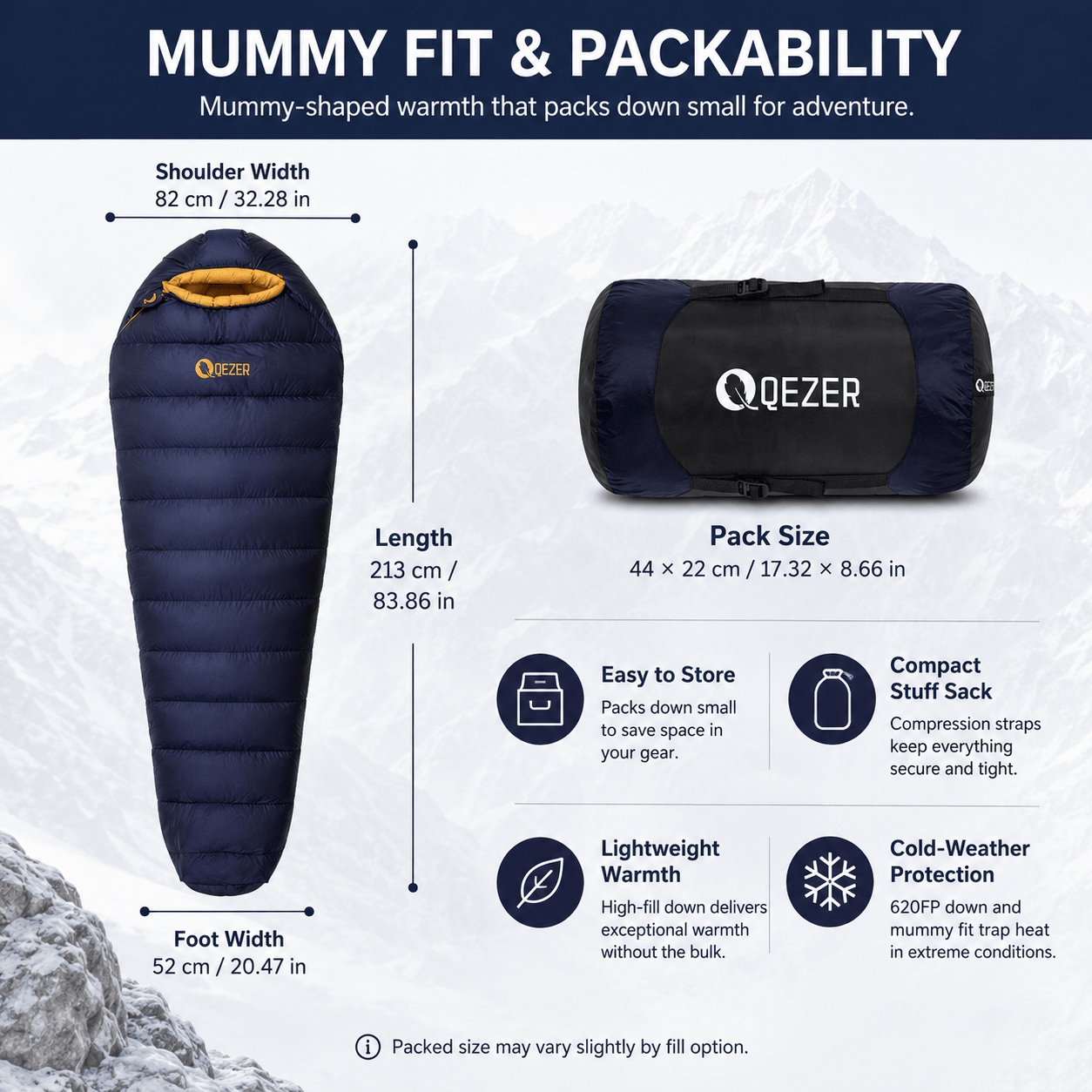QEZER 620FP Graphene Antistatic Down Sleeping Bag for Winter Camping