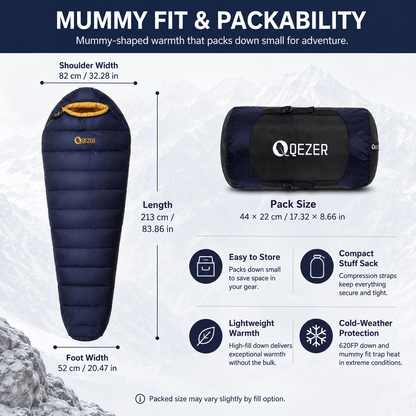 QEZER 620FP Graphene Antistatic Down Sleeping Bag for Winter Camping