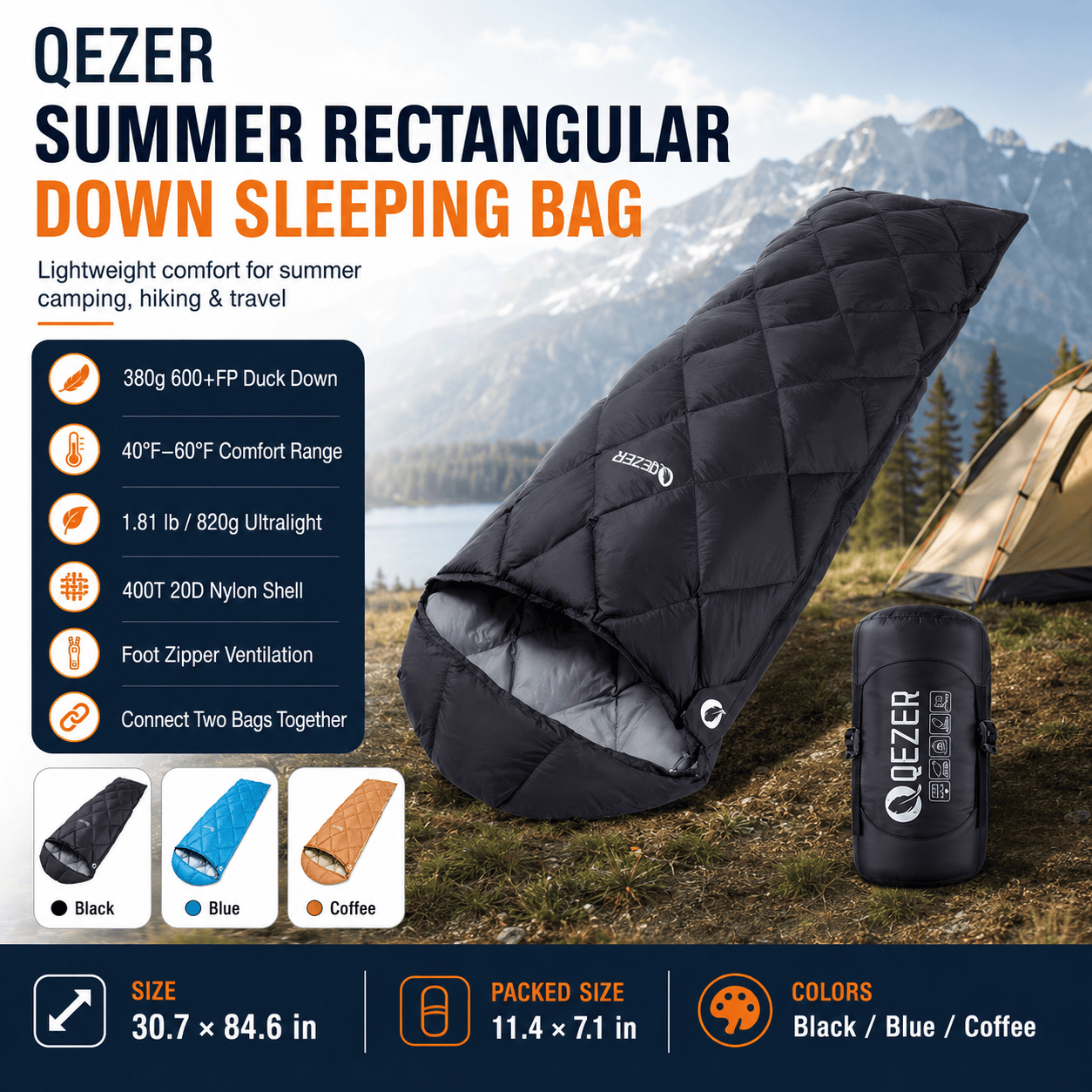 QEZER Summer Rectangular Down Sleeping Bag | 600+FP Duck Down Camping Sleeping Bag