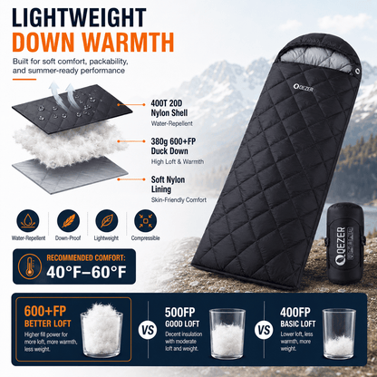 QEZER Summer Rectangular Down Sleeping Bag | 600+FP Duck Down Camping Sleeping Bag