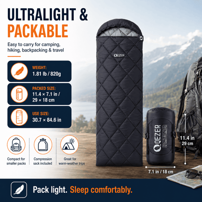QEZER Summer Rectangular Down Sleeping Bag | 600+FP Duck Down Camping Sleeping Bag