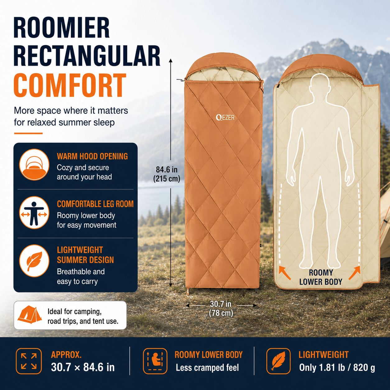 QEZER Summer Rectangular Down Sleeping Bag | 600+FP Duck Down Camping Sleeping Bag