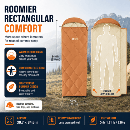 QEZER Summer Rectangular Down Sleeping Bag | 600+FP Duck Down Camping Sleeping Bag