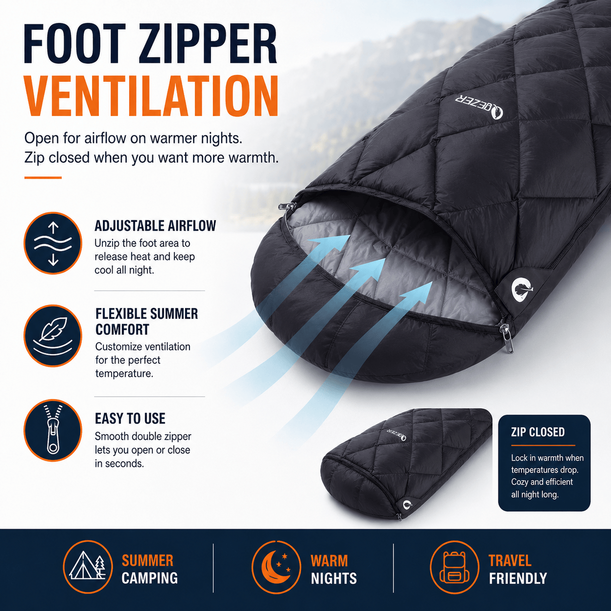 QEZER Summer Rectangular Down Sleeping Bag | 600+FP Duck Down Camping Sleeping Bag