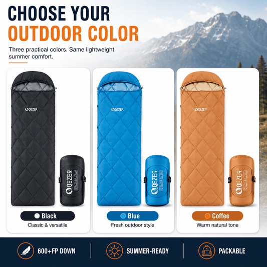 QEZER Summer Rectangular Down Sleeping Bag | 600+FP Duck Down Camping Sleeping Bag