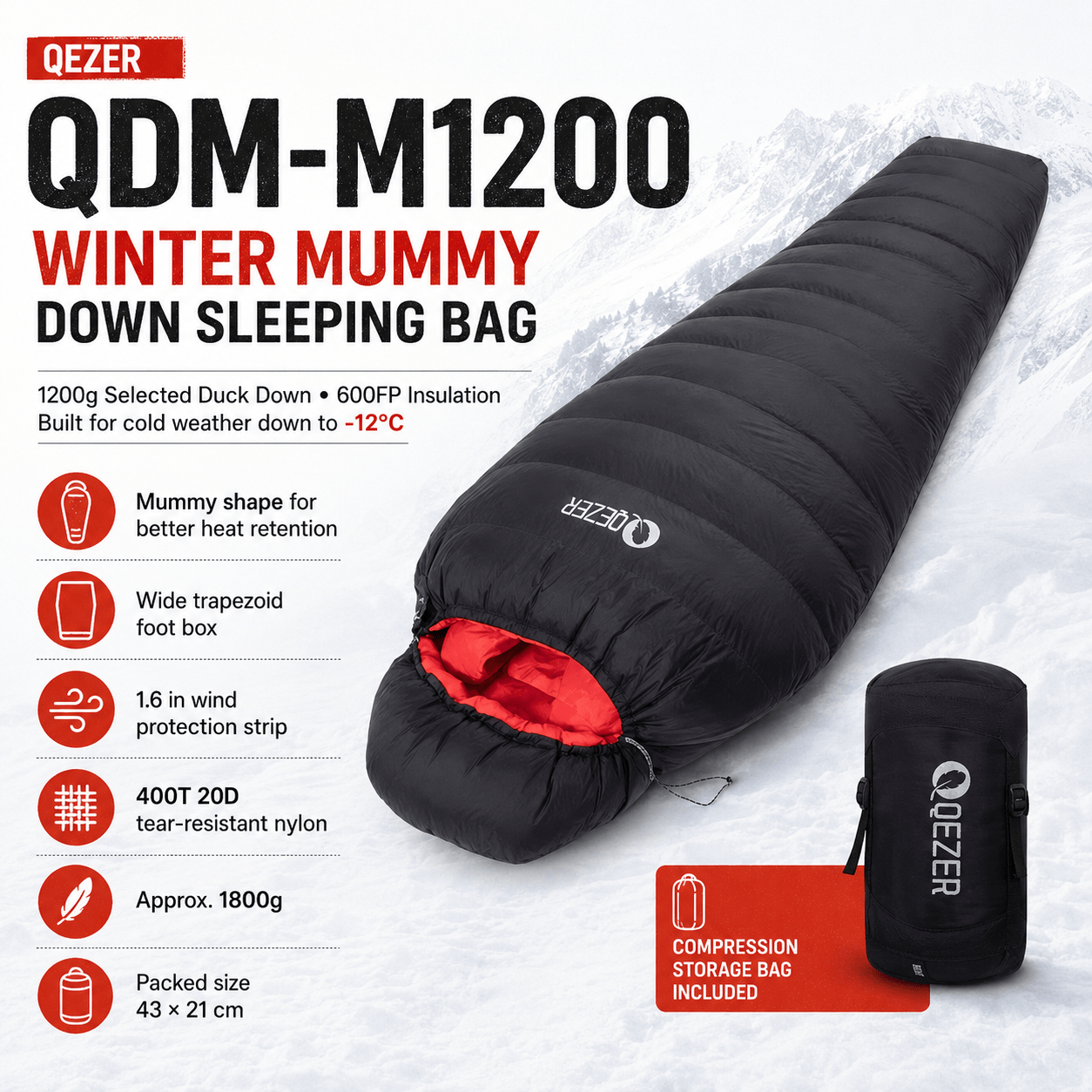 QEZER QDM-M1200 Winter Mummy Down Sleeping Bag | 1200g Duck Down Cold Weather Sleeping Bag