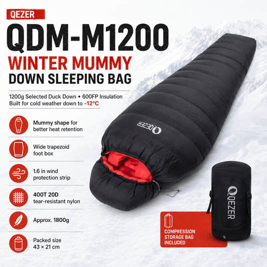 QEZER QDM-M1200 Winter Mummy Down Sleeping Bag | 1200g Duck Down Cold Weather Sleeping Bag
