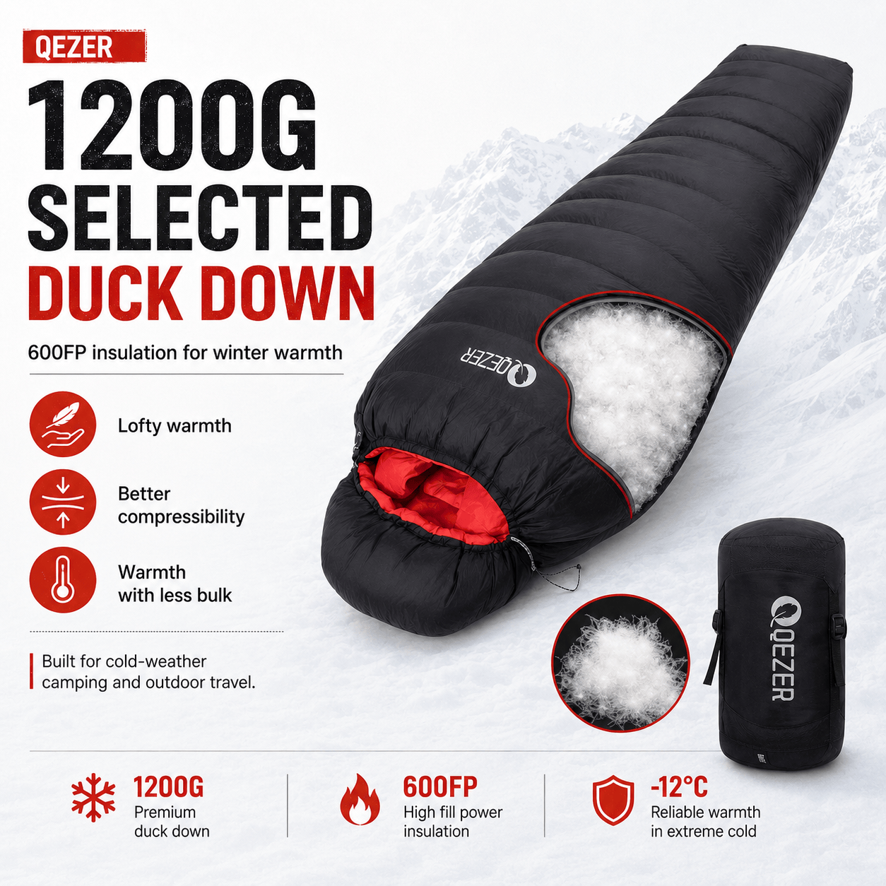 QEZER QDM-M1200 Winter Mummy Down Sleeping Bag | 1200g Duck Down Cold Weather Sleeping Bag