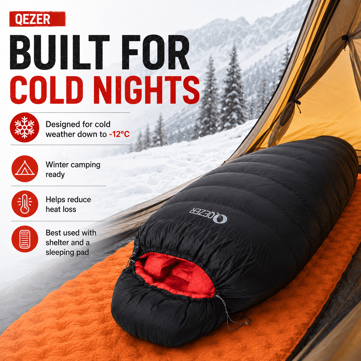 QEZER QDM-M1200 Winter Mummy Down Sleeping Bag | 1200g Duck Down Cold Weather Sleeping Bag