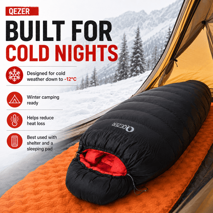QEZER QDM-M1200 Winter Mummy Down Sleeping Bag | 1200g Duck Down Cold Weather Sleeping Bag