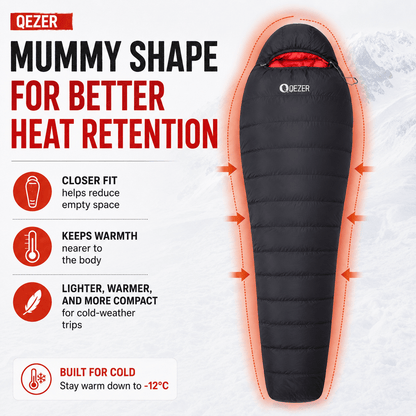 QEZER QDM-M1200 Winter Mummy Down Sleeping Bag | 1200g Duck Down Cold Weather Sleeping Bag