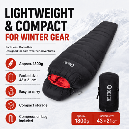 QEZER QDM-M1200 Winter Mummy Down Sleeping Bag | 1200g Duck Down Cold Weather Sleeping Bag