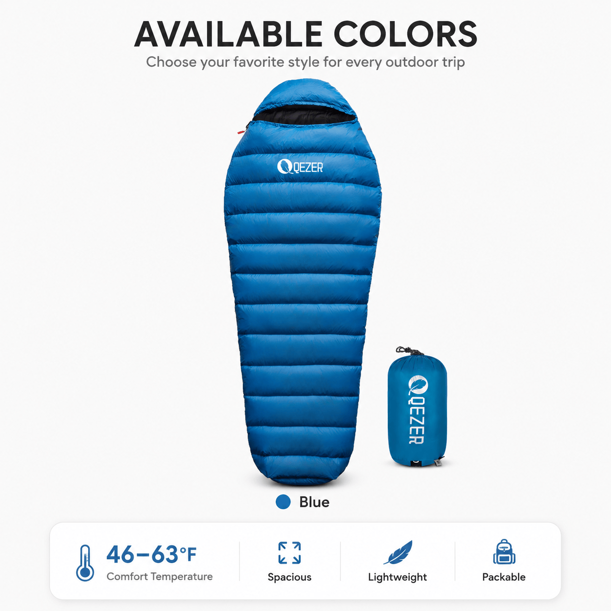QEZER 650FP Four-Season Mummy Down Sleeping Bag for Camping, Hiking &amp; Backpacking