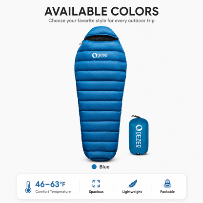 QEZER 650FP Four-Season Mummy Down Sleeping Bag for Camping, Hiking &amp; Backpacking