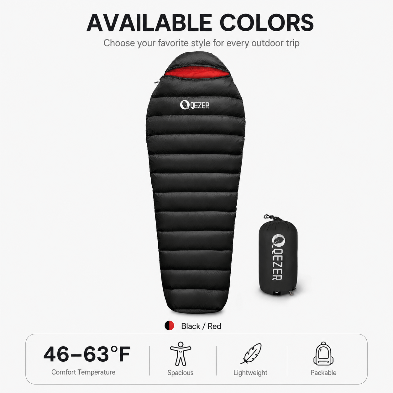QEZER 650FP Four-Season Mummy Down Sleeping Bag for Camping, Hiking &amp; Backpacking